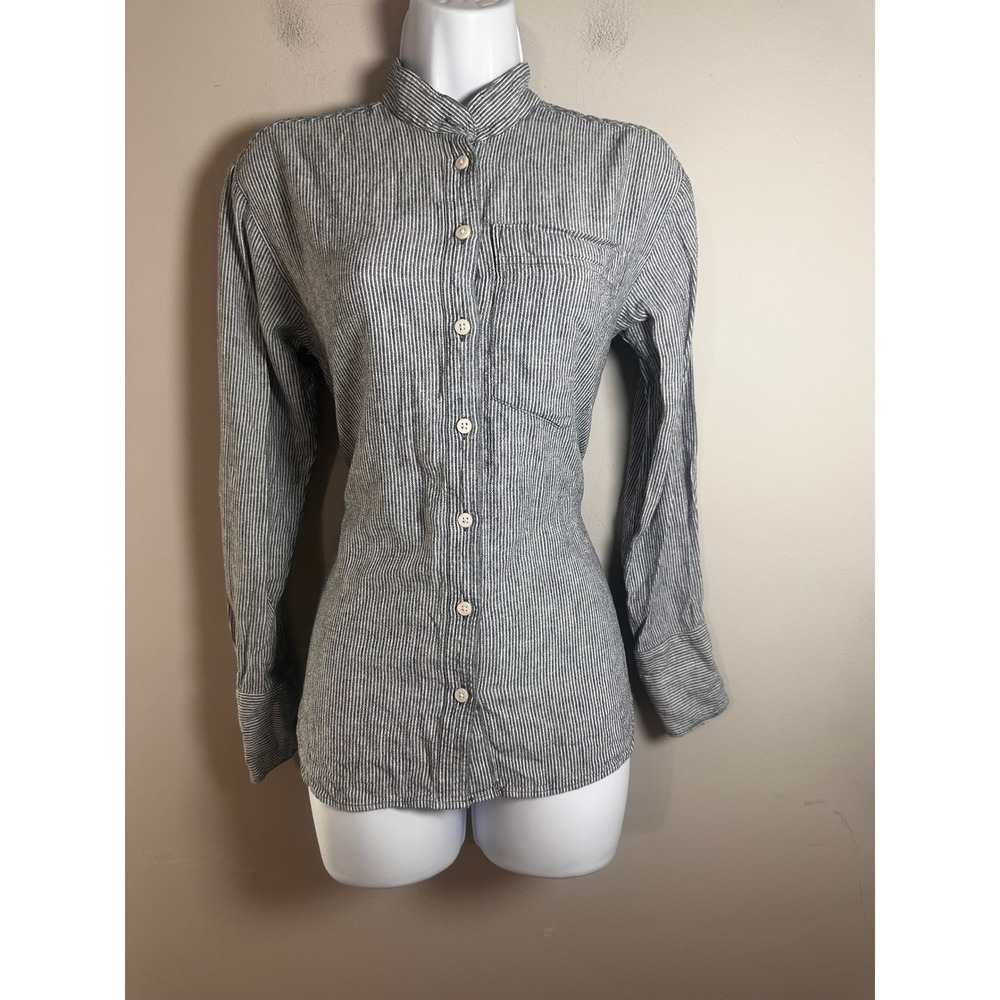 Banana Republic Womens XS Linen Blend Striped Band Collar Button Down Shirt Blue